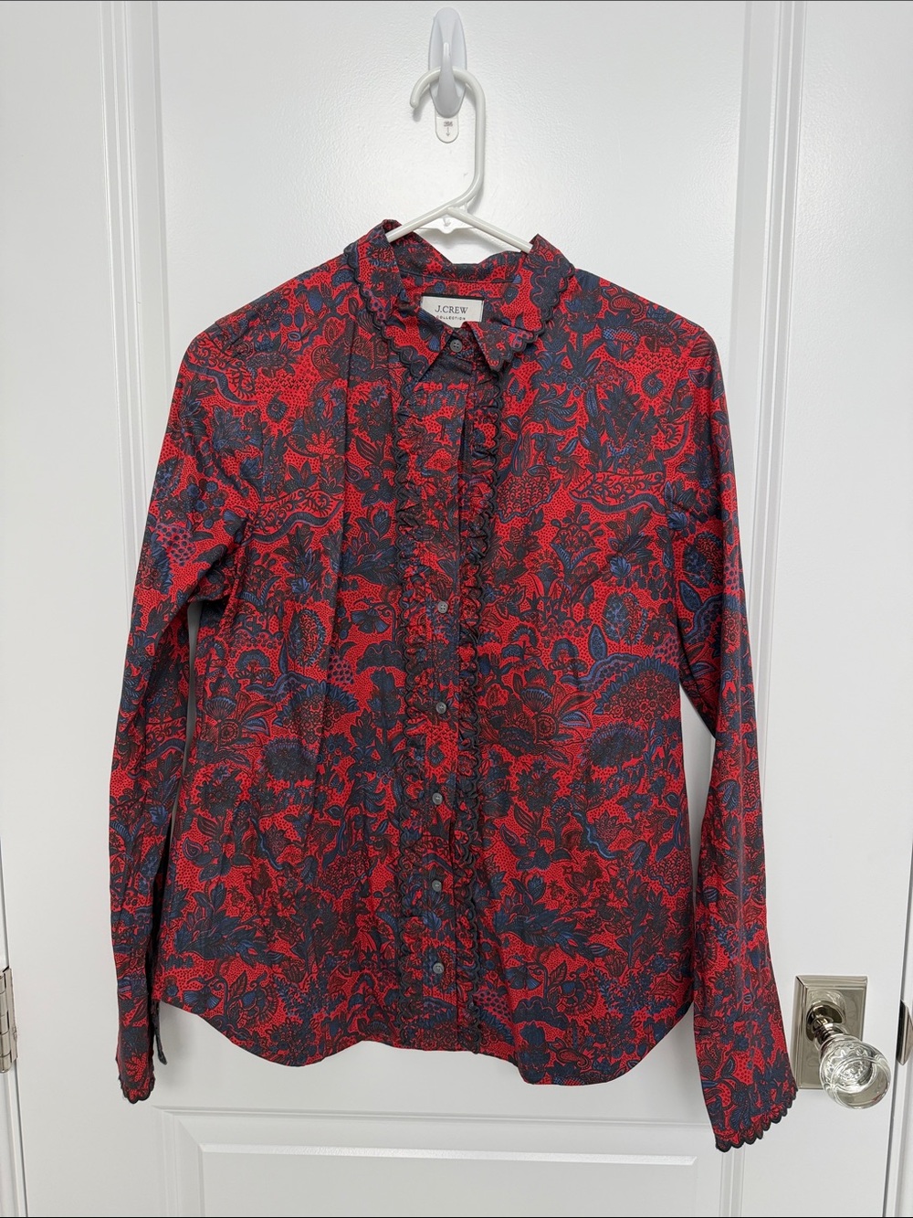 J. Crew Red & Navy Floral Ruffle-Front Slim Fit Button-Down Shirt